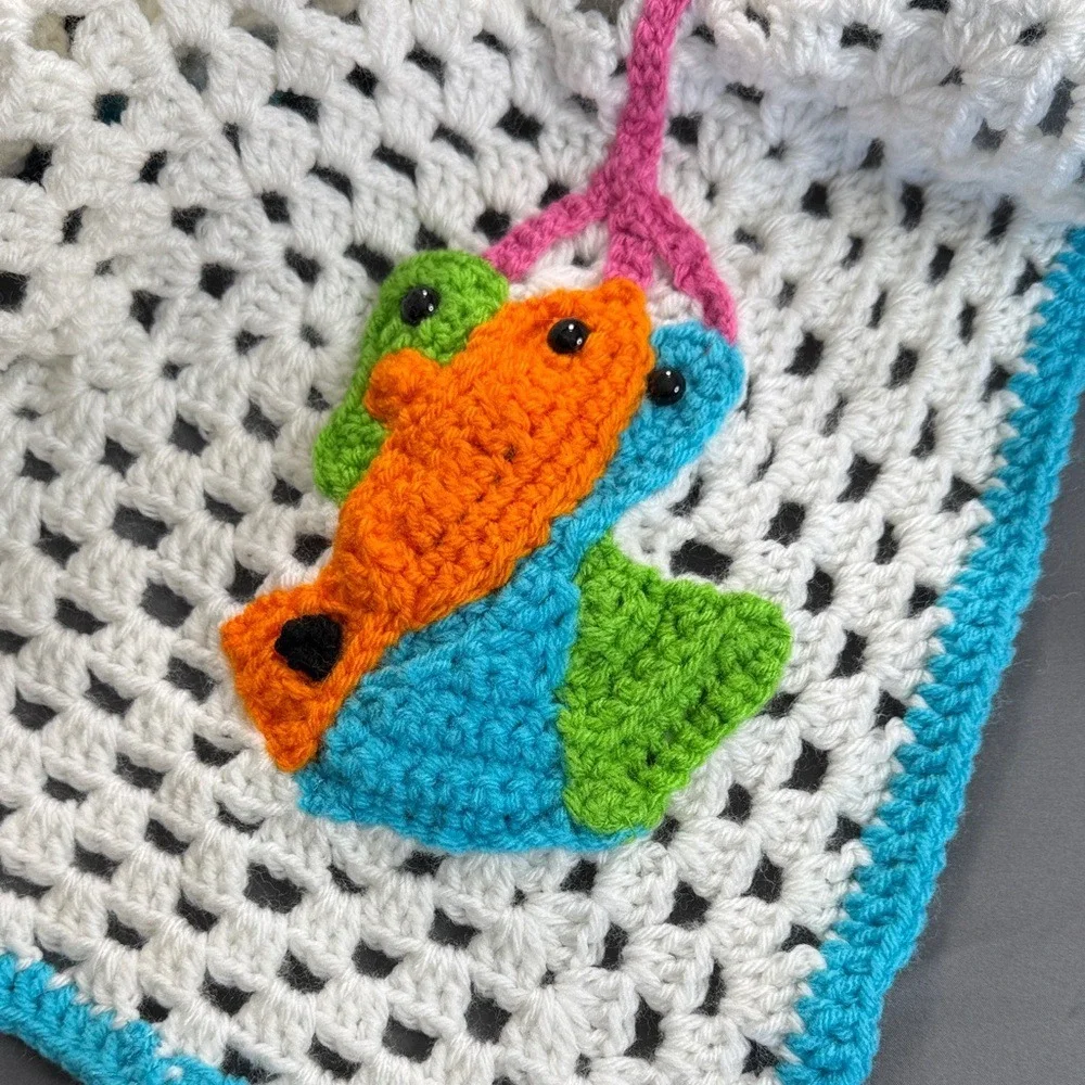 Handmade‎ Crochet Baby Blanket Penguin Bunny Reversible White Teal Granny Square